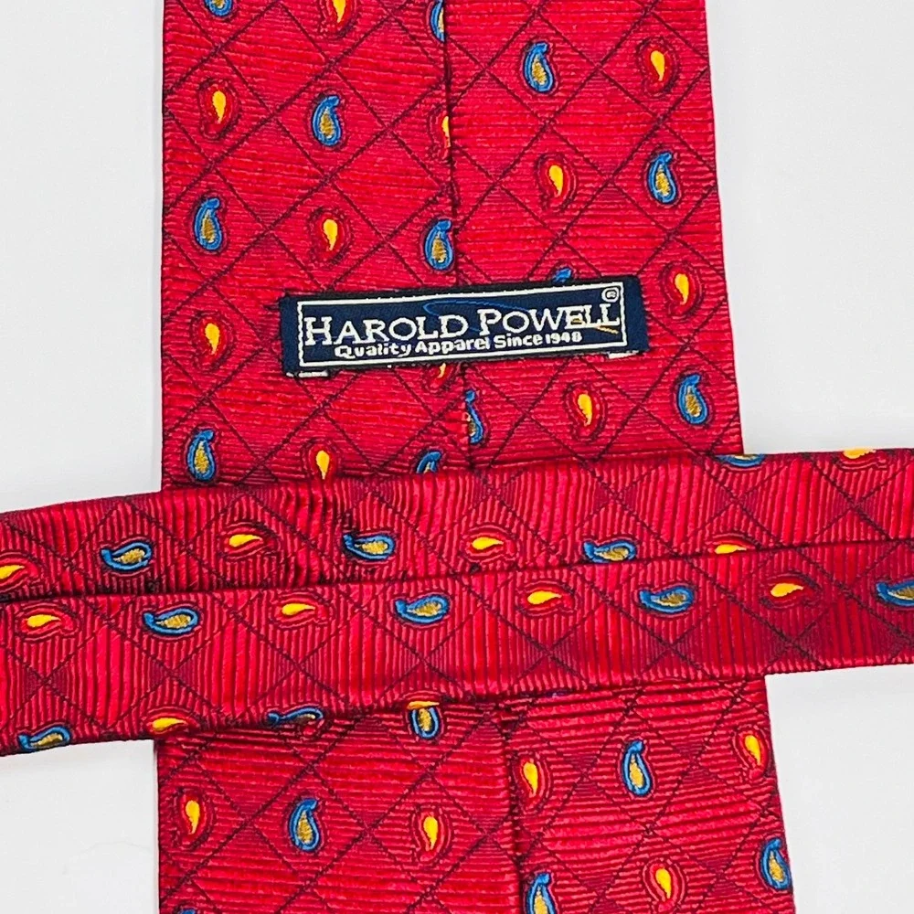 Harold Powell Silk Necktie‎ Mens OS Red Paisley Diamond Handmade Italy Wide Tie